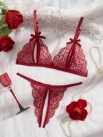 Women's Sexy Lace Lingerie Two-piece Set, Solid Color Push Up Bra & Open Crotch Panty Set, Lingerie Set for Women