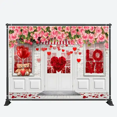 Pink Red Roses White Door Valentines Day Backdrop - Aperturee