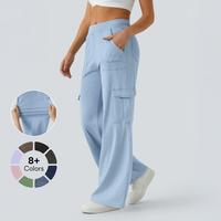 Halara Magic Mid Rise Multiple Pockets Straight Leg Stretchy Knit Casual Cargo Jeans Pants Blue Denim Womenswear Trouser Stre...