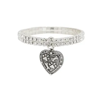 SilverTone Two Row Crystal Stretch Bracelet with Paw and Bones Heart Charm