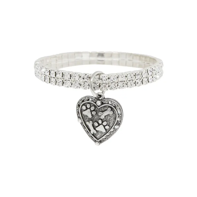 SilverTone Two Row Crystal Stretch Bracelet with Paw and Bones Heart Charm