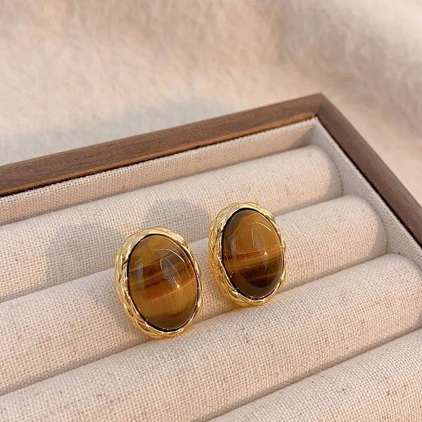 Brass Tiger Eye Stud Earrings