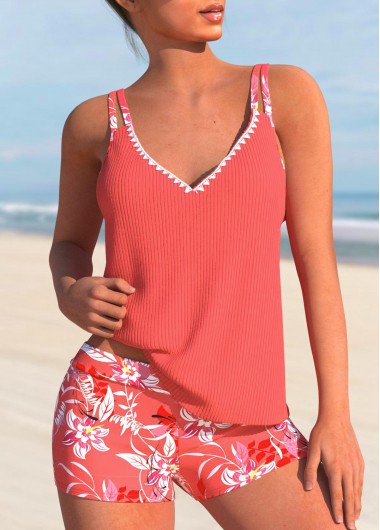 Modlily Contrast Binding Floral Print Coral Tankini Set - XXL