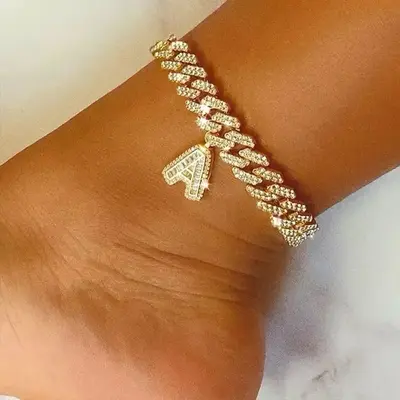 Women's Daily Letter Cuban Iced Anklet with Rhinestone - Gold-tone Design