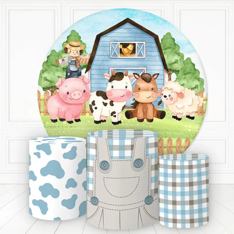 Aperturee Farm Animals Blue Apron Round Birthday Backdrop Kit For Kids | Round Party Backdrop | Circle Party Backdrop | Circl...