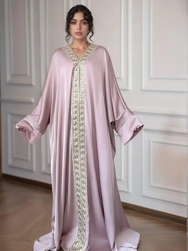 Women's Lace Embellishment V Neck Abaya, Modest Long Sleeve Maxi Dress for Party Wedding Guest, Ladies Islamic Clothing for A...