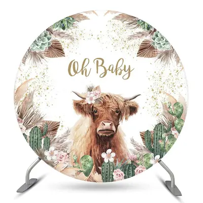 Aperturee Cow Green Cactus Plants Circle Baby Shower Backdrop | Round Backdrop Baby Shower | Round Baby Shower Backdrop | Rou...