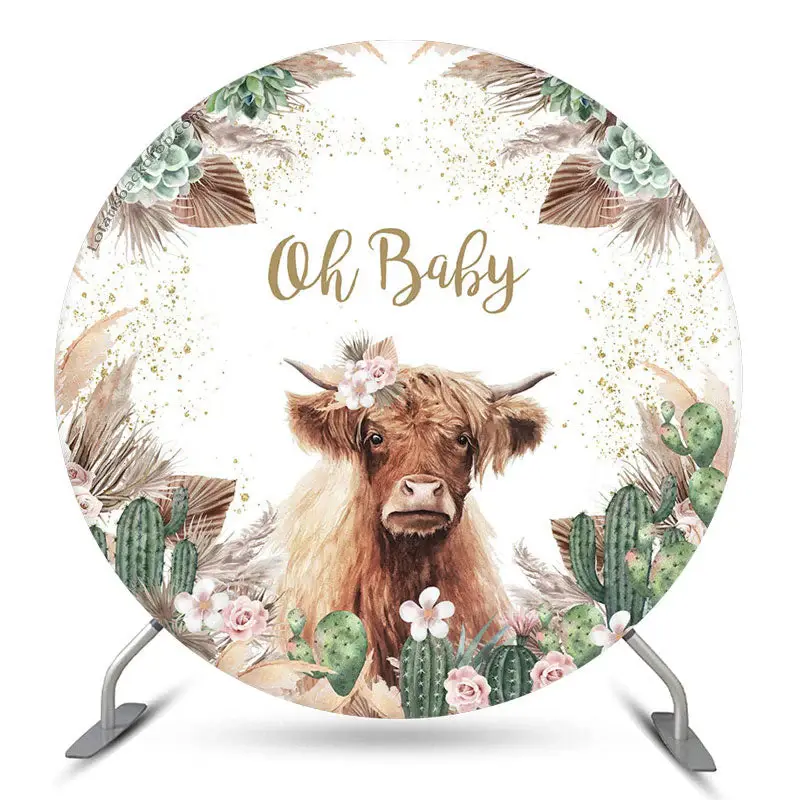 Aperturee Cow Green Cactus Plants Circle Baby Shower Backdrop | Round Backdrop Baby Shower | Round Baby Shower Backdrop | Rou...