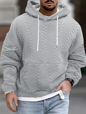 Men's Solid Textured Drawstring Hoodie, Casual Loose Drop Shoulder Long Sleeve Hooded Sweatshirt for Fall & Winter, Men's Clo...