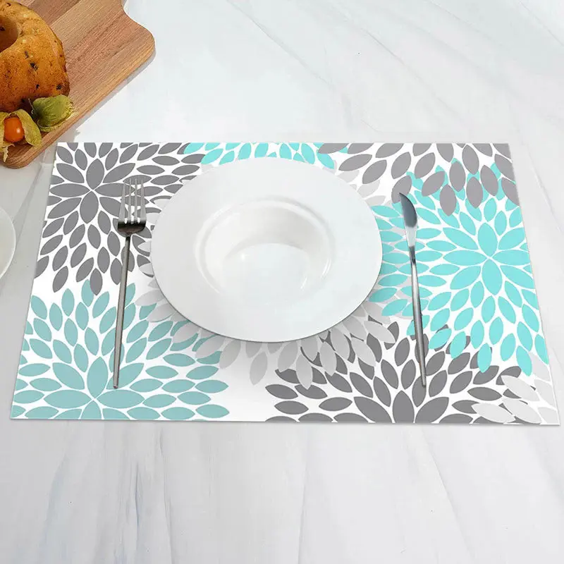 Cyan Grey Abstract Floral Modern Set Of 4 Placemats - Aperturee