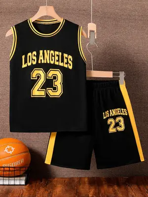 Two-Piece Set Boy's Letter Print Basketball Vest & Shorts Set, Casual Sleeveless Round Neck Top & Shorts for Summer, Kids Clo...