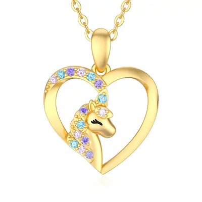 14K Gold Circular Shaped Cubic Zirconia Unicorn Pendant Necklace