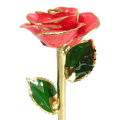 11 24k Gold Trimmed Bright Red Sparkle Rose