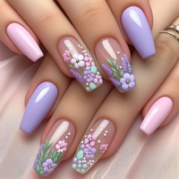 Pastel Floral Press On Nails | CurvLife Nail | 24pcs Medium Coffin Fake Nails | 3D Flower Garden Design | Easy Apply, Comfort...