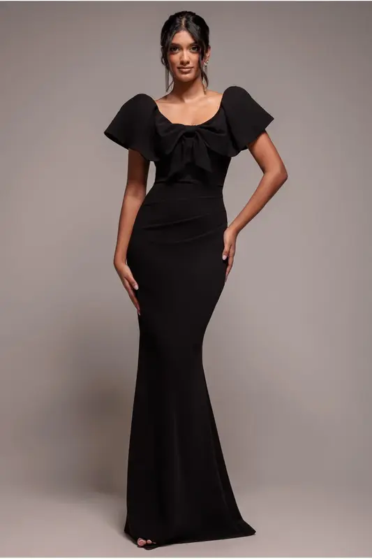Goddiva Cape Sleeve Detail Front Tie Maxi Dress - Black