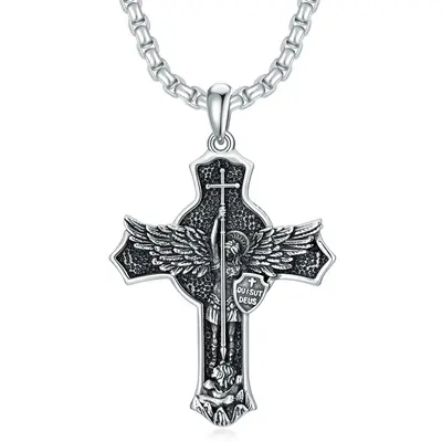 Sterling Silver Saint Michael & Shield Pendant Necklace for Men