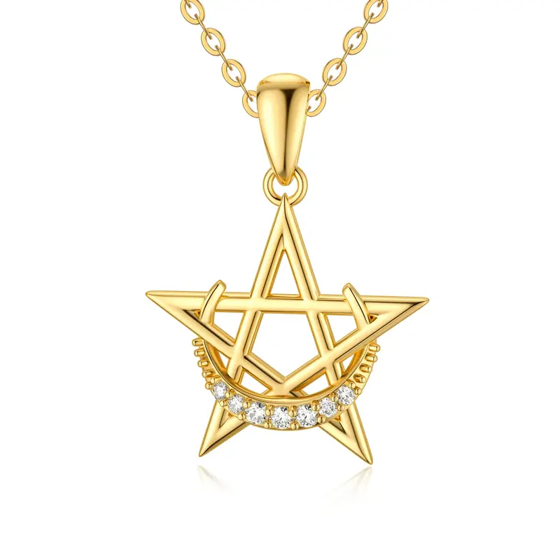 14K Yellow Gold Circular Cubic Zirconia Moon & Star Pendant Necklace