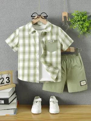 Two-piece Set Boy's Plaid Print Button Front Shirt & Shorts Set, Casual Short Sleeve Collared Top & Shorts for Summer, Kids C...