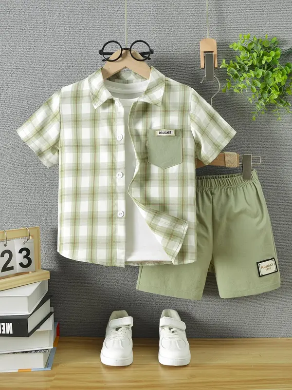 Two-piece Set Boy's Plaid Print Button Front Shirt & Shorts Set, Casual Short Sleeve Collared Top & Shorts for Summer, Kids C...
