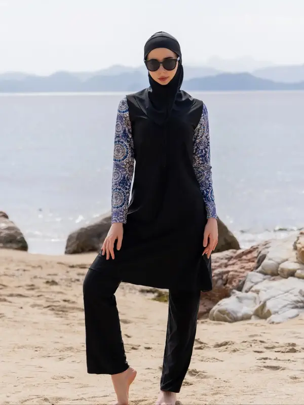 Women's Ethnic Pattern Long Sleeve Swimwear Three-Piece Set, Modest Swimsuit for Beach Holiday Vacation, Ladies Swimwear fo...