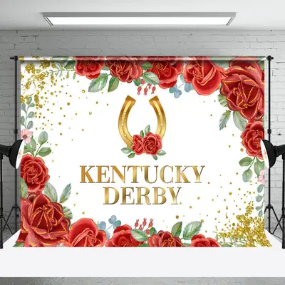 Red Floral Gold Horseshoe Kentucky Derby Backdrop - Aperturee