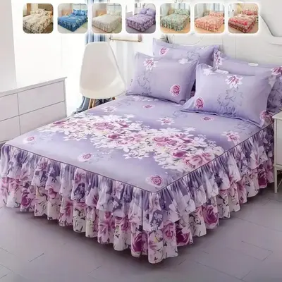 Floral Print Ruffled Edge Bed Skirt Set, 3 Counts/set Including 1 Bed Skirt & 2 Pillowcases without Filler, Comfy Bedding Set...