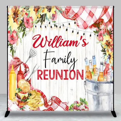 Custom Name Wooden Floral Family Reunion Backdrop