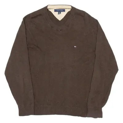 TOMMY HILFIGER Mens Jumper Brown V-Neck Tight Knit L