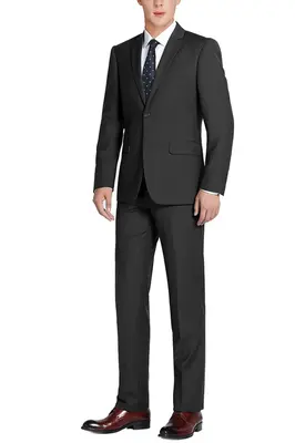 Black Slim Fit Wool Suit for Men - Basic Two Button with Optional Vest