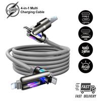 4-in-1 Multi USB Charging Cable with 240W Fast Charging&Breathing Light, Compatible with iPhone16/15, iPad, Samsung, Laptops