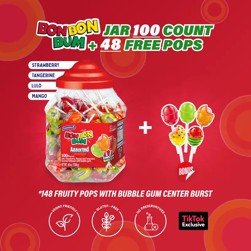 *NEW* Bon Bon Bum Bubble Gum Lollipops. Assorted Candy Jar 100 ct. Strawberry, Mango, Tangerine & Lulo Flavors + Free 48 ct. ...