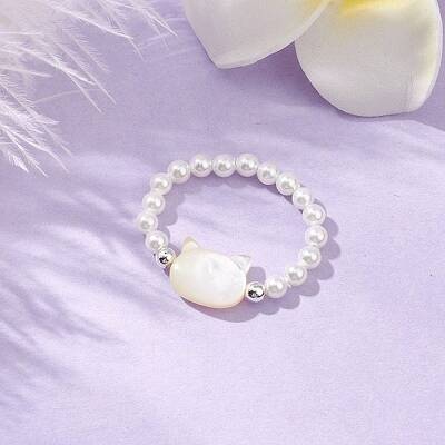 Cat Shaped Natural White Shell Beaded Stretch Finger Rings