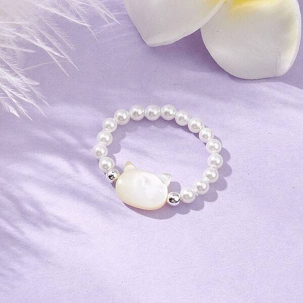 Cat Shaped Natural White Shell Beaded Stretch Finger Rings