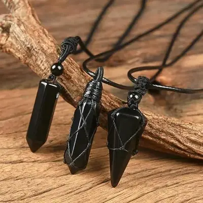 Natural Black Obsidian Hexagonal Point Stone Pendant Men Women Necklace Adjustable Rope Quartz Jewelry for Reiki Energy Spiri...