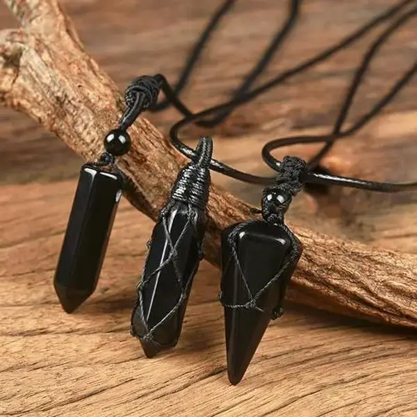 Natural Black Obsidian Hexagonal Point Stone Pendant Men Women Necklace Adjustable Rope Quartz Jewelry for Reiki Energy Spiri...