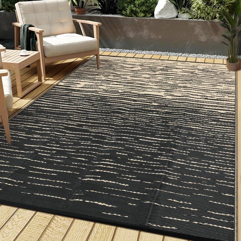 Garvee Waterproof Reversible Outdoor Rug 5x8ft – Durable Plastic Straw Patio Mat, UV Resistant, Modern Striped Design for B...
