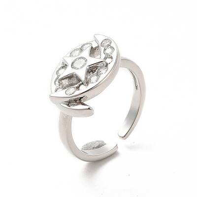 Clear Cubic Zirconia Moon & Star Open Cuff Ring