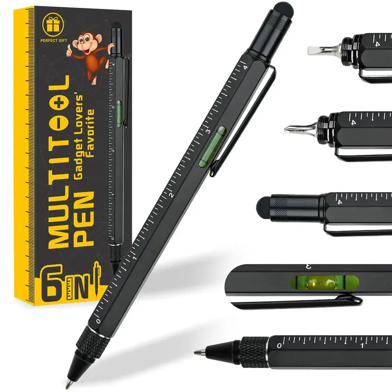 6 in 1 Multifunctional Tool Pen, 1/5 Counts Durable Ballpoint Pen with Screwdriver, Touch Screen Stylus, Level Meter Gadgets...