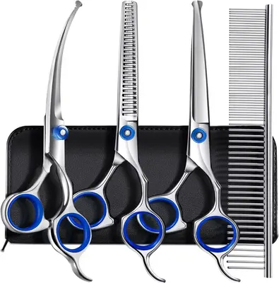 5 in 1 Professional Grooming Scissors for Dogs 4CR with Safety Round Tip, Heavy Duty Titanium Coated Straight & Thinning & Cu...