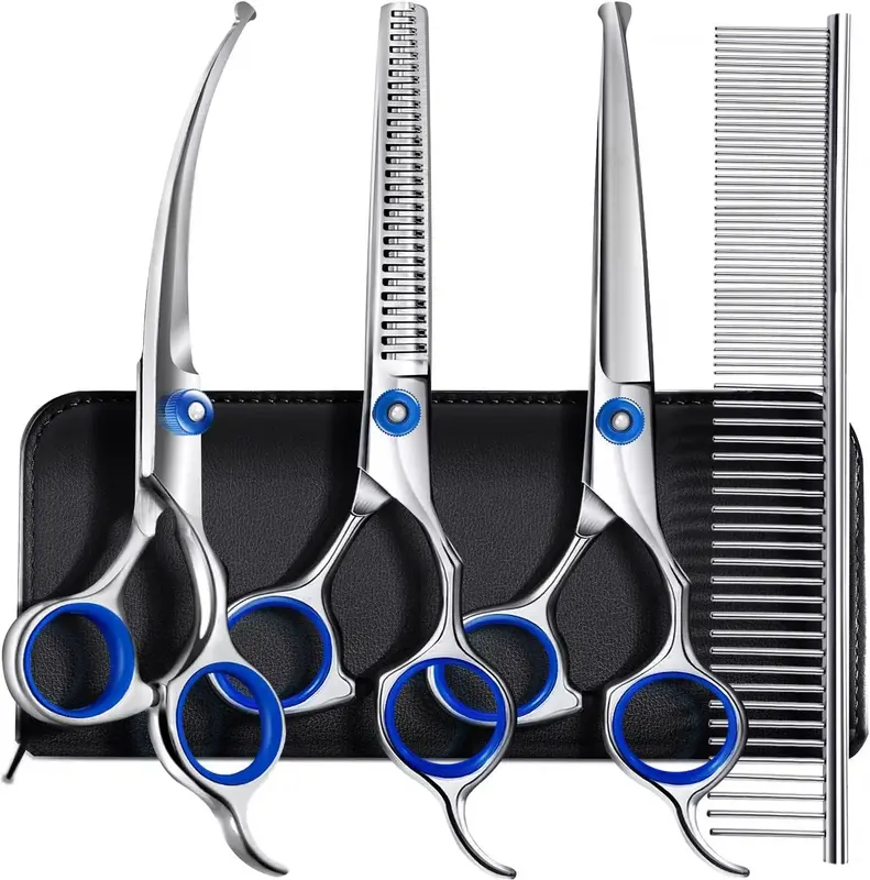 5 in 1 Professional Grooming Scissors for Dogs 4CR with Safety Round Tip, Heavy Duty Titanium Coated Straight & Thinning & Cu...