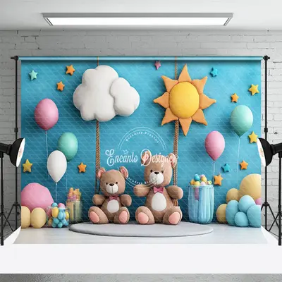 Aperturee Blue Sun Cloud Balloon Teddy Bear Cake Smash Backdrop, 3X2FT(1MX0.6M), 14 USD, birthday cake smash backdrops, ENHD1...