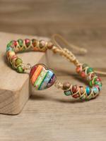 Boho Style Heart Charm Decor Beaded Bracelet, Vintage Trendy Braid Design Beads Bracelets, Boho Stone Bracelet for Women & Me...
