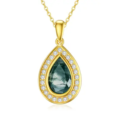 14K Gold Moss Agate Drop Shape Pendant Necklace