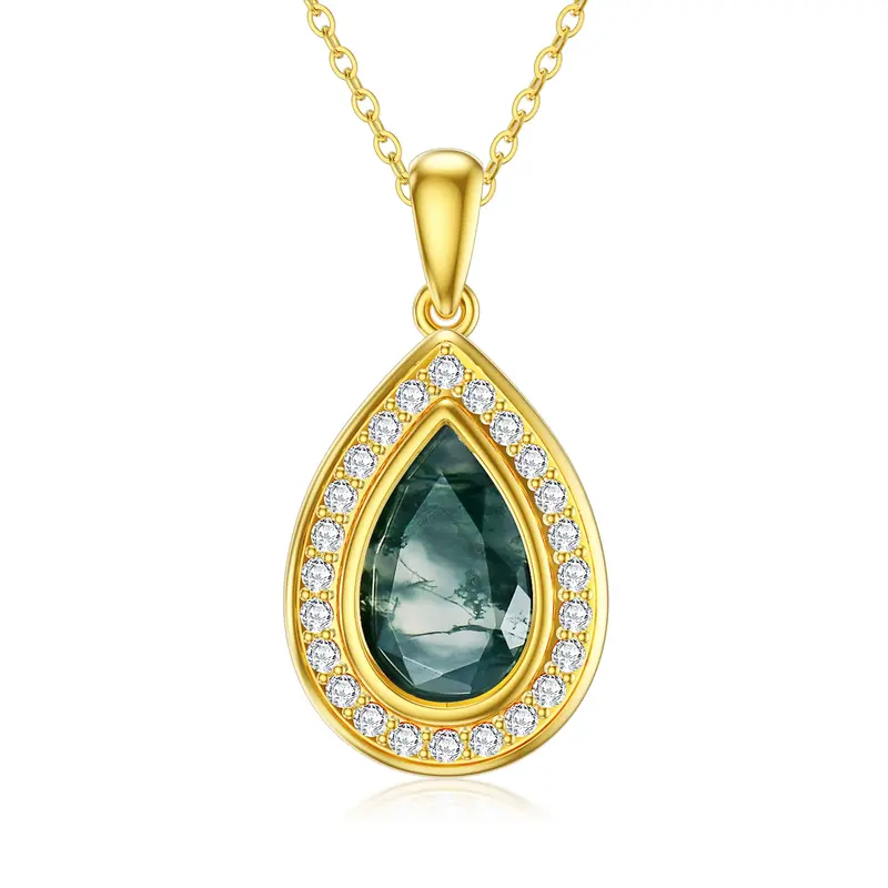 14K Gold Moss Agate Drop Shape Pendant Necklace