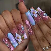 Colorful Flower & Butterfly Decor Fake Nails, 24pcs Glitter Long Press on Nails for Women & Girls DIY Nail Art, Elegant Sti...