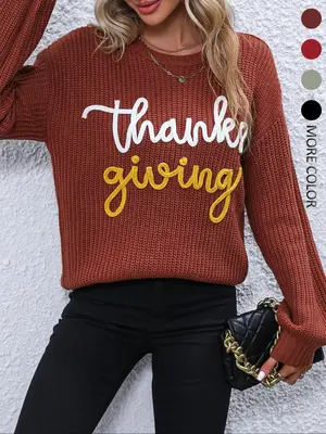 Women's Pullover Sweater, Casual Round Neck Knitwear for Fall & Winter, Fitted Medium Fabric, Perfect for Thanksgiving