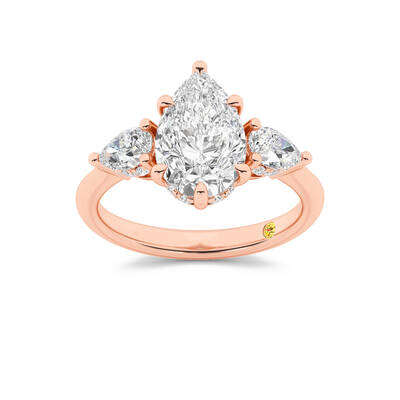 Celestia Three Stone Hidden Halo Pear Shape Lab Grown Diamond Engagement Ring | 14K Rose Gold 3 2/3 CT. TW.