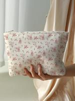 Ditsy Floral Pattern Makeup Bag, Handheld Cosmetic Pouch, Casual Fashion Beige Corduroy Zipper Makeup Bag for Travel, Versati...
