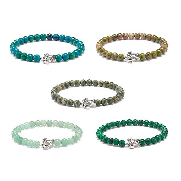 Gemstone Round & Alloy Sea Turtle Beaded Stretch Bracelet for Women