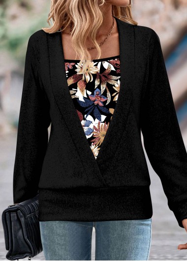 Modlily Black Fake 2in1 Random Floral Print Sweatshirt - XXL